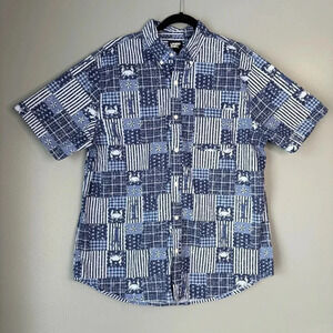 Lands End Large Lobster & Crab Patriotic Patchwork Short Sleeve Button Down Blue